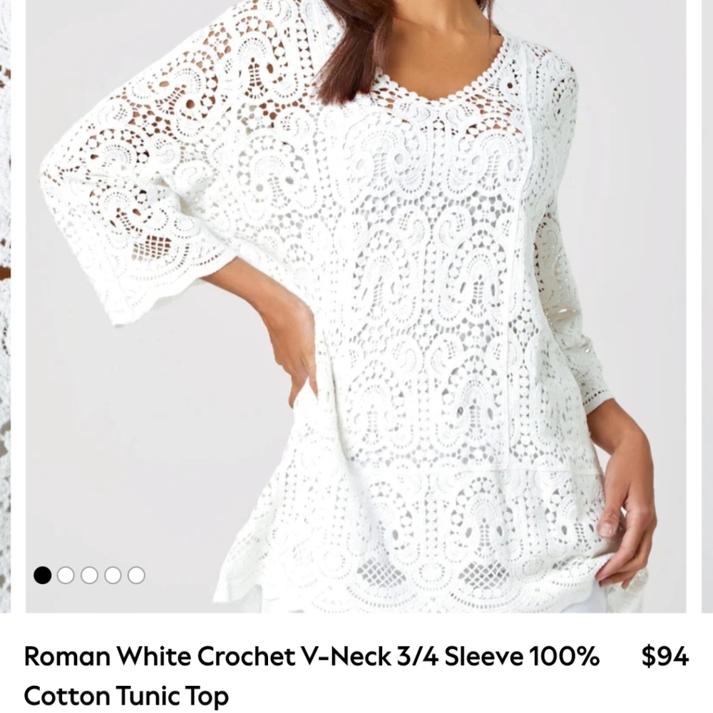 Roman White Crochet V-Neck Tunic Top